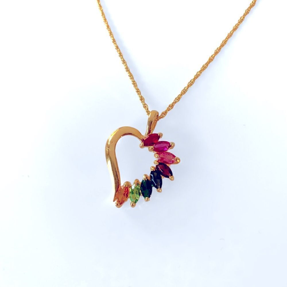 Vintage Multi Color Rhinestone Heart Pendant Necklace